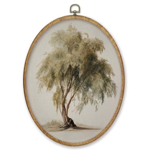 CGBHW Vintage Willow Tree Oval Wall Art Decor, Country Landscape Canvas Prints Framed, Dark Green Botanical Farmhouse Wall Art Hanging Decor for Home Kitchen Bedroom Living Room Decorations, 8.6x11.4 Inch
