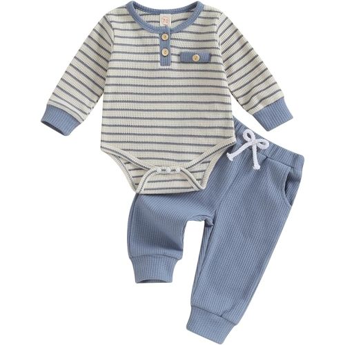 Kuriozud Newborn Baby Boy Clothes Button Long Sleeve Romper Bodysuit Pants Set Infant Soft Waffle Fall Winter Outfit