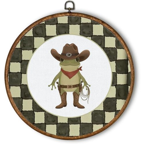 QWZDRHYJI Western Cowboy Frog Checkered Round Wall Art Decor, Whimsical Animal Green Plaid Framed Canvas Prints Wall Hanging for Kids Boy Room Nursery Playroom Decorations, 10x10 Inch