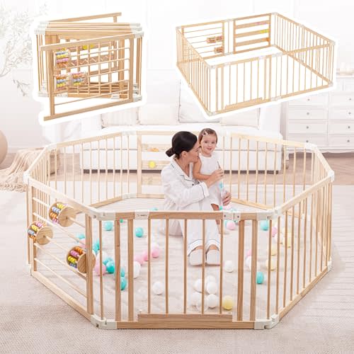 Wooden Playpen & Play Yards for Babies and Toddlers, 67 * 67inch Foldable Wood Baby Play Fence with Sensory Toys, Kids Activity Area Center Indoor Outdoor, Pinewood