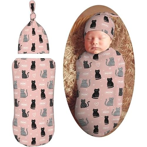 Black Heart Cat Newborn Swaddle Blankets Hat Sets Soft Baby Receiving Blanket Swaddle Sack for Baby Shower Infant Boy Girl Gift