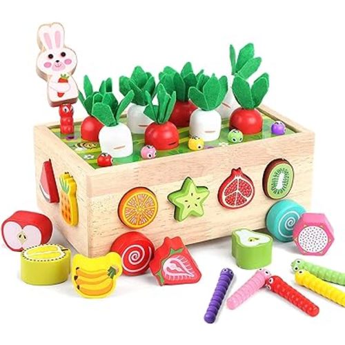 PELOSTA Montessori Toys for Toddler 1-3, Baby Wooden Educational Toy for 1 2 Year Old Boy Girl Gift, Farm Theme with Rabbit, 12 Fruit Blocks, 8 Carrots, 10 Worms & Shape Matching Sorting Car