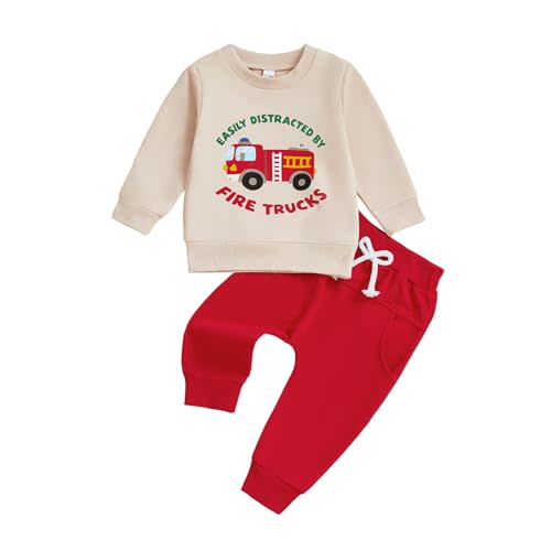 CREAIRY Toddler Baby Boy Fire Truck Sweatshirt Long Sleeve T-Shirt Pants Set Firefighter Outfit Fall Clothes
