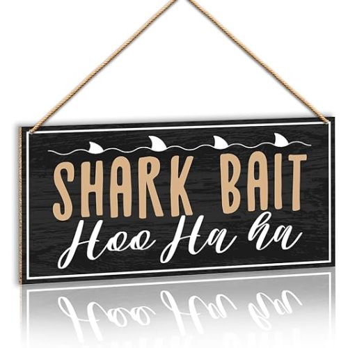 Funny Shark Room Wood Hanging Sign Wall Decor, Shark Bait Hoo Ha Ha Nursery Ocean Decorations for Kids Boys Room 12 × 6 Inches
