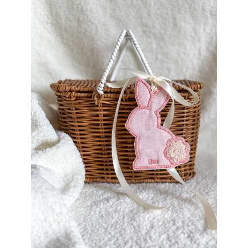 Bunny Easter basket tag | personalised with first name on pink linen fabric with ribbon tie | embroidered / appliqué