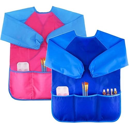 Zkptops 2 Pack Kids Art Smock Colorful Waterproof Children Art Aprons Artist Painting Aprons with Long Sleeve 3 Roomy Pockets for Age 3-7 Years Blue and Pink
