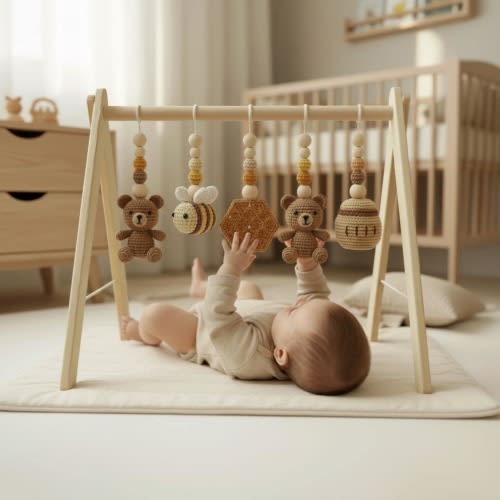 Handmade Custom Woodland Baby Play Gym, Crochet Forest Nursery Toys, Montessori Wooden Baby Gym, Neutral Baby Activity Gym, Baby Shower Gift