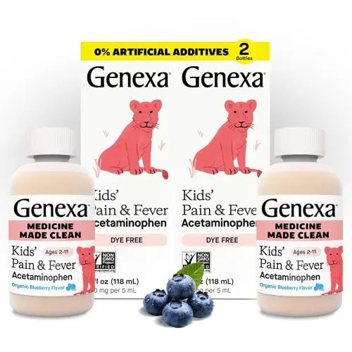 Genexa Kids’ Clean Pain & Fever Acetaminophen, Dye Free, 0% Artificial Additives, Delicious Organic Blueberry Flavor, Liquid Oral Suspension Medicine, Children 2-11, 160 mg per 5mL, 8 fl oz (2 Pack)