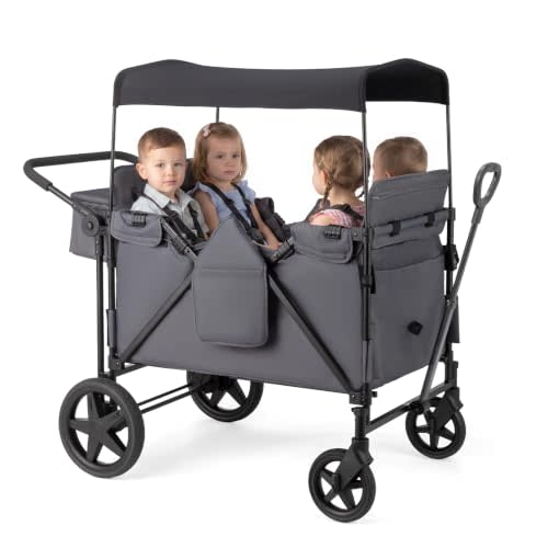 ZTDM Wagon for Kids, Wagon Stroller with 4 Raised High Seat, Removable Canopy, All Terrain Wheels, Foldable, Adjustable Push & Pull Handle, Storage Bag (Gray)