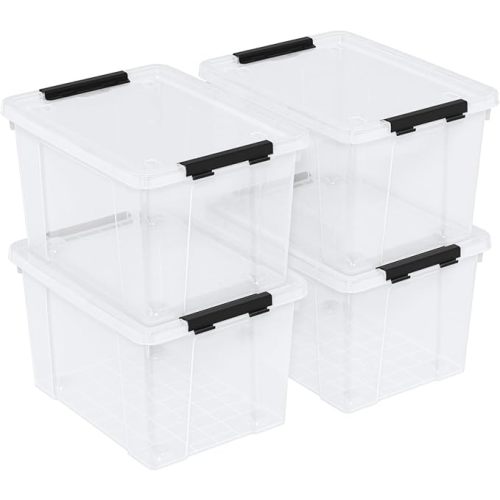 22 Quart Plastic Clear Storage Box with Wheels, Plastic Storage Bins with Lids, Latching Bins, 4 Packs