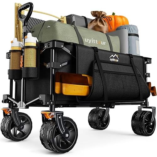 Collapsible Baby Wagon Cart Heavy Duty Foldable, Folding Beach Wagon with Big Wheels for Sand, Utility Grocery Cart with Side Pocket and Brakes for Camping Sports Outdoor Activities, Black