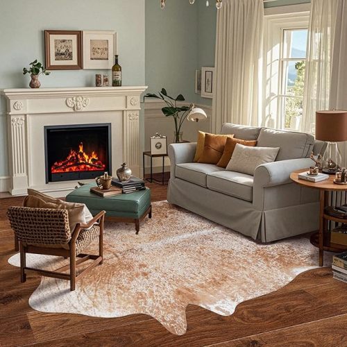 Cow Hide Rug Cow Print Rugs Faux Cowhide Carpet Western Home Decor Area Animal Faux Fur Brown Rug for Living Room Bedroom Office (Tan Cowhide, 6.2x7.2ft)