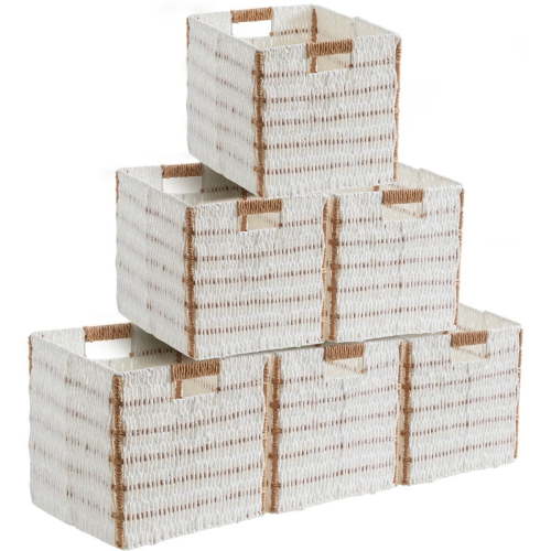 Ornavo Home Wicker Storage Cubes Bin, 10.5 Inch Storage Shelf Basket Collapsible Natural Hand Woven Paper Storage Cube Bin with Handles - Set of 6, White/Brown