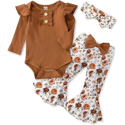 Newborn Baby Girls Clothes Ribbed Ruffled Romper+Floral Pants+Headband Infant Outfit Set