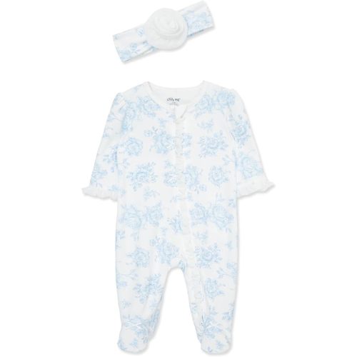 Little Me Clothes for Baby Girls 100% Cotton 2Pc Zipper Closure Footie and Headband Set, Baby Essentials