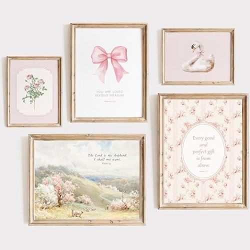 Nursery Christian Wall Art Bible Verses Canvas Wall Decor Baby Girl Room Poster Vintage Pink Nursery Prints Decor Floral Bow Swan Artwork Jesus Scripture Picture for Bedroom 8x10x5 Inch Unframed