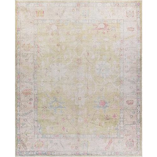 Zinnia Vintage Distressed Faded Area Rug - Oriental Bohemian Turkish Floral Carpet - Machine Washable Rug - Stain Resistant - Pet Friendly - Pink, Green, Blue - 5'3" x 7' (5x7)