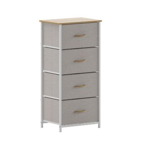 Emma and Oliver 4 Drawer Storage Dresser with White Cast Iron Frame, Oak Wood Top and Beige Easy Pull Fabric Drawers with Natural Wooden Handles