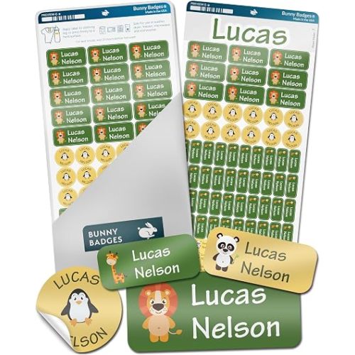 Bunny Badges Personalized Name Labels for Kids (130 Labels) - Custom Waterproof Name Stickers for Clothing Tags, Water Bottles, Lunch Boxes and School Supplies (Animals)