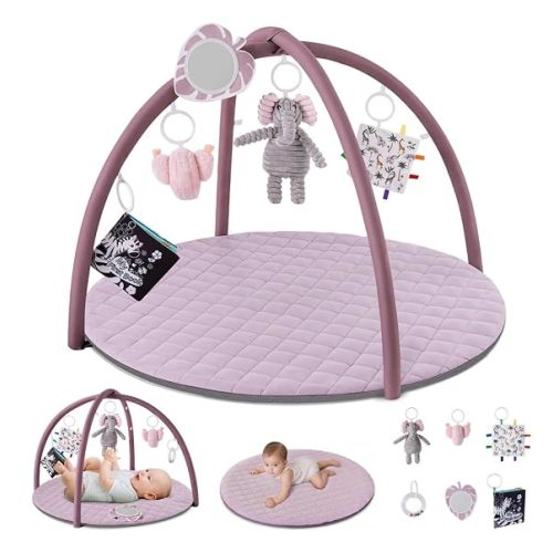 Blissful Diary Baby Play Gym Mat, Tummy Time Activity Mat with 6 Detachable Toys for Stage-Based Sensory & Motor Skill Development, Easy to Install & Clean, Baby Essentials Gift, Lavender Pink