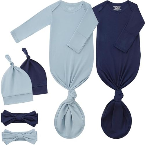 Newborn Knotted Gown 2Pack, Soft Breathable Baby Sleep Gown for Boys Girls, Infant Baby Coming Home Hospital Outfit
