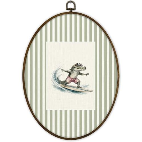 Gnmduw Vintage Funny Surfing Alligator Oval Wall Art Framed Decor,8.7x11.3