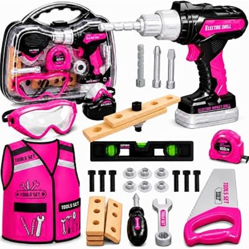 Kids Tool Set with Carrying Case, Electronic Toy Drill with Bits & Construction Vest – Pretend Play Kit with Safety Googles, Gas Shield, Tape Measure, Saw, Bubble Level, Screwdriver, Nuts & Bolts