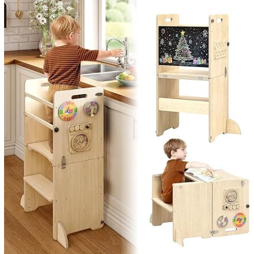 4-in-1 Kids Kitchen Step Stool, Foldable Toddler Tower with Blackboard and Toys, Toddler Kitchen Stool Helper for Kids, Wooden Step Stool for Toddlers, Learning Standing Tower