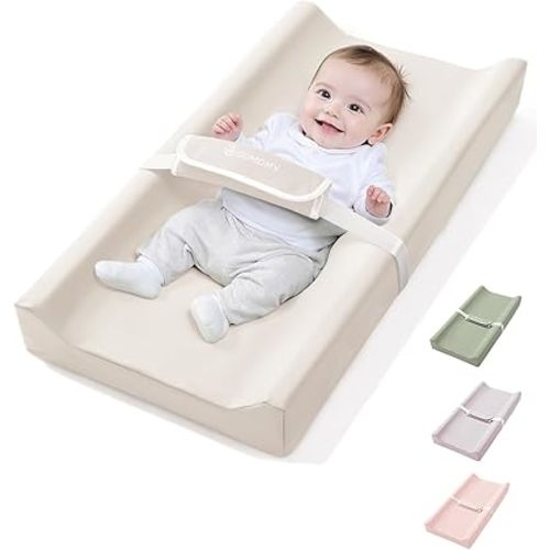 COMOMY Baby Changing Pad with Wipeable & Waterproof PU Cover, Contoured Diaper Changing Pad for Dresser with Non-Slip Safety Belt, Portable and Lightweight, Large Cushioned Foam, Beige