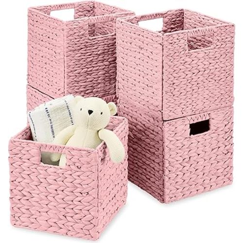 Best Choice Products 10.5x10.5in Pack of 5 Cube Storage Baskets, Water Hyacinth Multipurpose Collapsible Organizers, Handwoven Toy Storage Totes for Kids Room, Nursery & Living Room - Pink