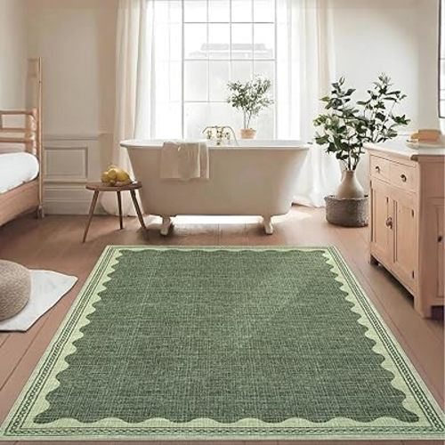 CAREMEE Scalloped Washable Rug 5x7 Area Rugs for Living Room, Solid Green Rug for Bedroom Girls, Non Slip Scalloped Throw Mat with Rubber Back, Soft Dorm Nursery Low Pile Carpet for Dining Room