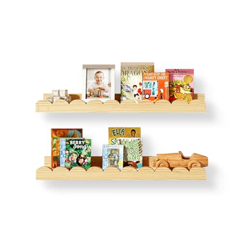 Nursery Floating Shelves for Kids Room, 2 Pack 23.6 Inch Natural Wood Wall Shelves with Scalloped Edge, Kids Bookshelves for Toddler Bedroom, Playroom, Baby Nursery Decor