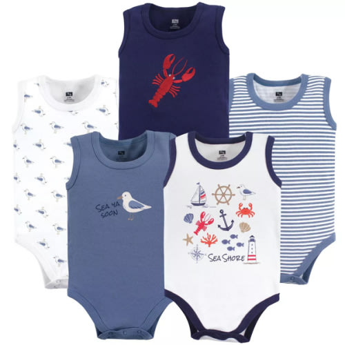 Hudson Baby Infant Boy Cotton Sleeveless Bodysuits 5pk, Sea Shore, 0-3 Months