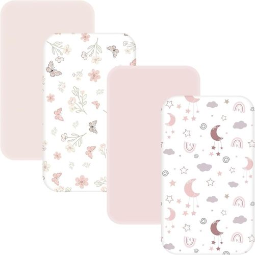 4 Pack Bedside Bassinet Sheets - 35"x20" Bassinet Sheets for Newton, Ezebaby, AMKE & Other Large Bedside Sleeper | Ultra Soft & Skin Friendly Bassinet Fitted Sheet for Girls