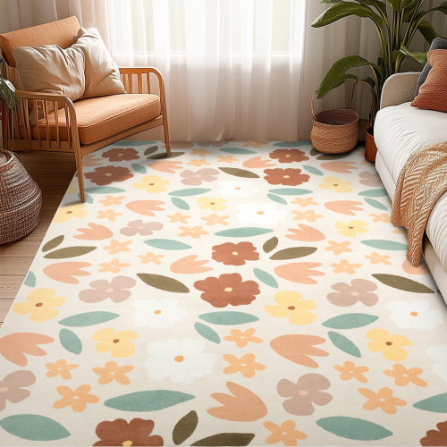 Retro Bloom Soft Floral Machine Washable Area Rug