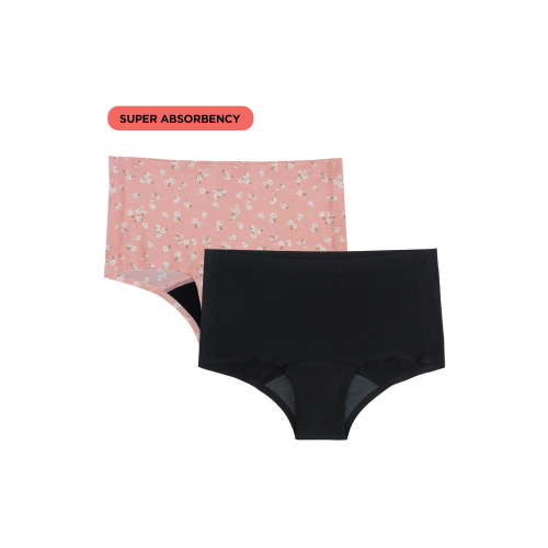 No Boundaries Boyshort Super Absorbency Period Underwear, 2-Pack, Women’s XS-XXL