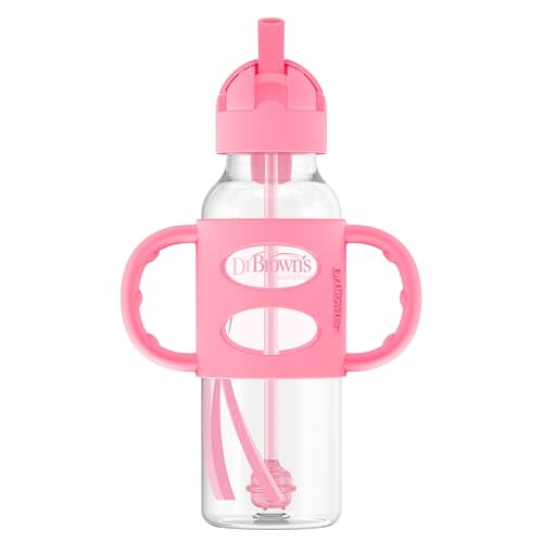 Dr. Brown's Narrow Sippy Straw Bottle with Handles, Pink, 1-Pack | Teach baby straw-sipping skills, weighted straw lets them drink in any direction, 100% silicone handles, 8 oz, 6m+