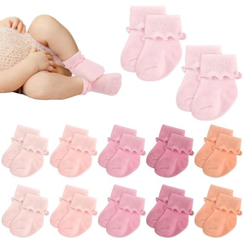 Toulite 12 Pairs Preemie Newborn Baby Ankle Socks Ruffle Turn Cuff Cotton Non-slip Warm Socks for Girls and Boys Infant(Raspberry Color,Premature)