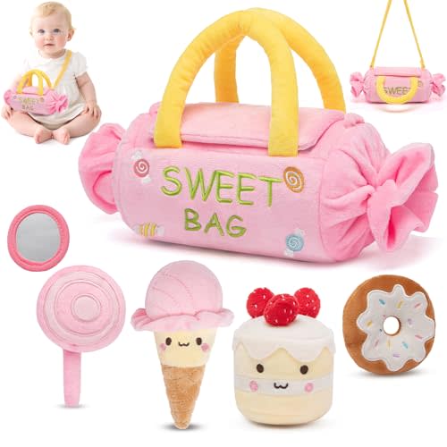 GNAYUIJ Baby Toys 6-12 Months,My First Candy Bag Plush Toy-5 Sensory dessert Soft Toys with Rattle, Crinkle Paper, Squeaker, Mirror,Busy Montessori Soft Toys for Toddlers,1st Birthday for Babies Girls