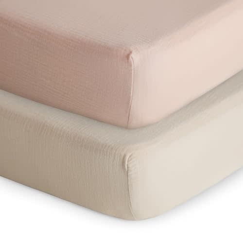 mushie Extra Soft Muslin Fitted Crib Sheet 2-Pack | 192 Thread Count | 28"x 52" (Blush/Fog)