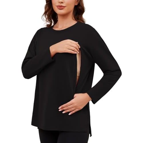 Ecavus Women's Oversized Nursing Shirts with Hidden Zipper Long Sleeve Breastfeeding Shirts Side Split Maternity Tops