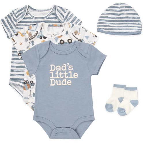 Baby Essentials Baby Boy 5 Piece Bodysuit Set, Cotton Blend Rompers with Matching Hat and Socks, Baby Outfit Gift, (6 months,Dad's Little Dude Blue Multi)