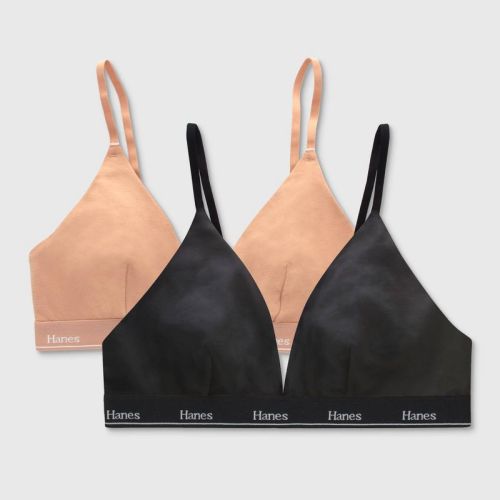 Hanes Originals Women's 2pk Stretch Cotton Triangle Bralette MHT102 - Black/Camel L: Adjustable Strap, Unlined Cup