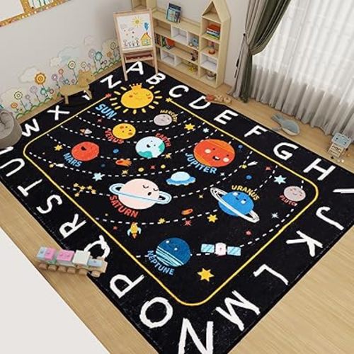 Outer Space Kids Rug,3'3" x 4'11" ABC Alphabet Educational Kids Rugs for Playroom,Non Slip Solar System Galaxy Planets Playroom Rug,Washable Kid Area Rug Carpet for Classroom Bedroom Kid Room Decor
