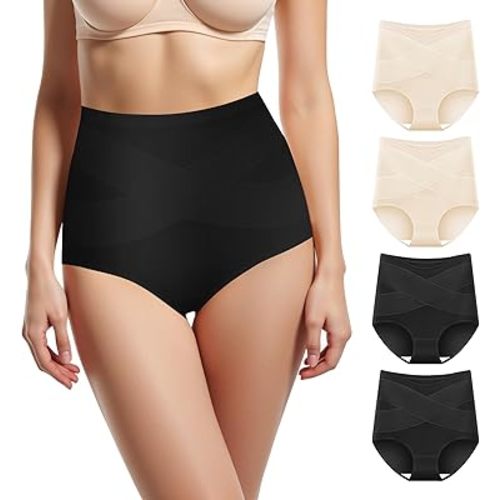 Women's High Waisted Underwear Slightly Tummy Control Cotton Panties Full Coverage Postpartum Briefs 4 Pack