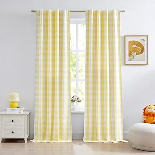 Yellow White Buffalo Plaid Full Blackout Curtains 84 Inches Long,Farmhouse Double-Layer Panels,Darkening Thermal Insulated Window Treatment,Rod Pocket Back Tabs,40" Wx84 Lx2