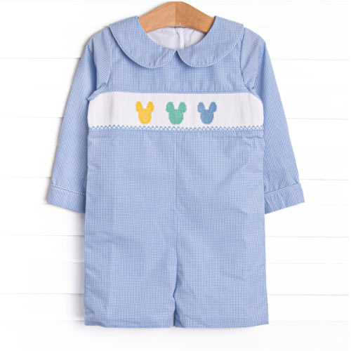 Multicolored Mouse Smocked Short Romper, Blue Gingham – Stitchy Fish