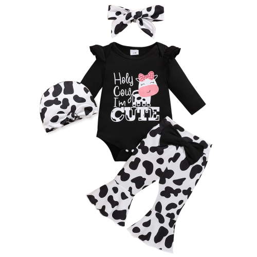 HWJAD Baby Girl Clothes Infant Newborn Outfits Holy Cow Romper Floral Pants Cute Hat Headband Sets for Girls (0-3-6-12-18 Months)