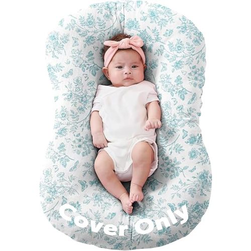 FUNUPUP Muslin Baby Lounger Cover Only Compatible with Snuggle Me Lounger, Infant Lounger Pillow Cover for Newborn, Removable Newborn Lounger Cover for Boys and Girls, Only Cover, Blue Flower