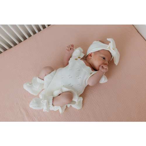 White knit baby girl romper set short sleeve knit ruffle onesie® pointelle frill newborn coming home first photo outfit new mom baby gift